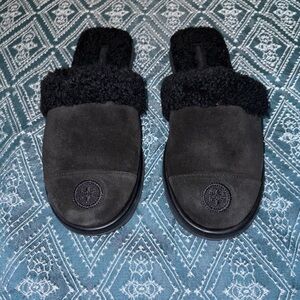 Tory Burch Black Suede Shearling Slippers
